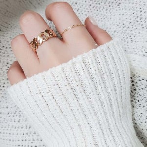 14K 18K 여자 커플 금반지 볼드 체인 사슬 반지 레이어드