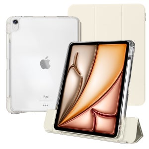 케노 아이패드 에어 13 M2 M3 세로거치 애플펜슬수납 충전 더블투명케이스 크림, 에어 13 M2 M3