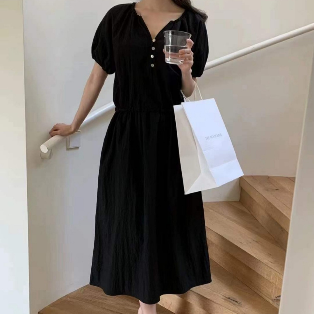 여름 롱 원피스 반팔 프리사이즈 하객룩 루즈핏 어깨 퍼프 블랙 아이보리 카키 (3컬러)