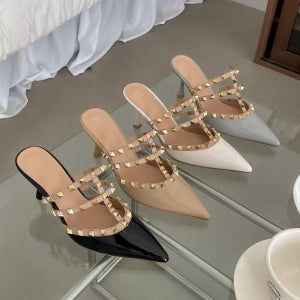 소울리 편한 여성 구두 가죽 에나멜 블로퍼 뮬 슬리퍼 힐 8cm