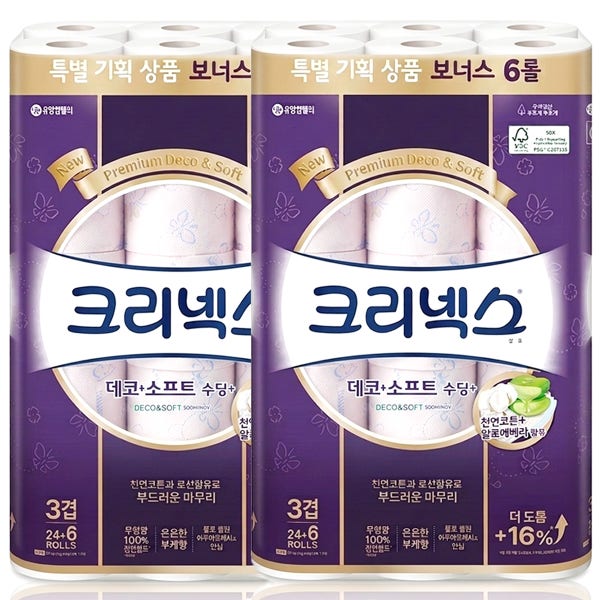 크리넥스 데코앤소프트 3겹 화장지 30롤 2팩 두루마리휴지 물에잘녹는 무형광 집들이 수딩플러스 특별기획