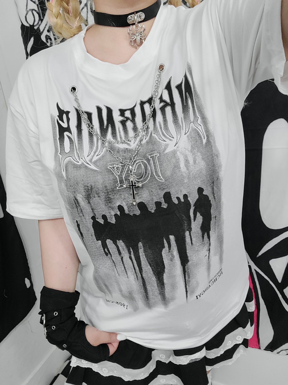 [2colors] 실루엣 레터링 체인 십자가 반팔T