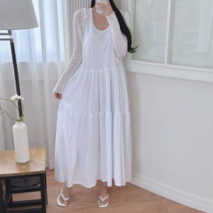 민소매 나시원피스 캉캉 이너 레이어드 여름 롱원피스 플레어 화이트 블랙