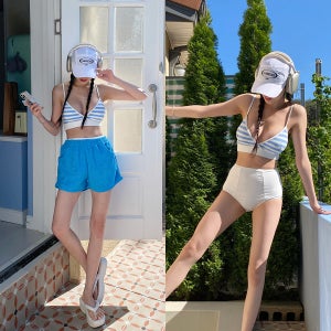 타월 테리 팬츠 단가라 하이웨스트 비키니 쓰리피스 세트 3color