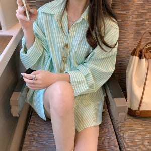 당일배송 파스텔민트스트라이프패턴 카라포켓루즈긴팔셔츠 체형커버오버핏박시남방 레이어드룩아우터
