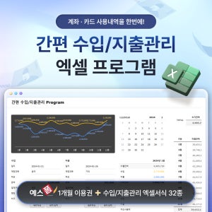 간편 수입/지출관리 엑셀 프로그램(수입지출, 매입매출, 수입관리, 비용관리, 수입비용, 카드사용액, 이월/누적금액, 결제수단/계정과목 관리, 월간/월별/연도별 현황)