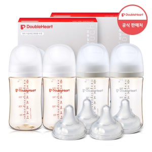 [슈퍼적립] 더블하트 모유실감 제뉴인화이트 240ml 트윈더블세트(젖병4+젖꼭지4)