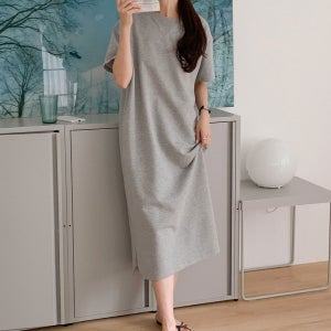 데일리 여성 박시 빅사이즈 심플 라운드 반팔 코튼 롱원피스 반팔원피스 4color