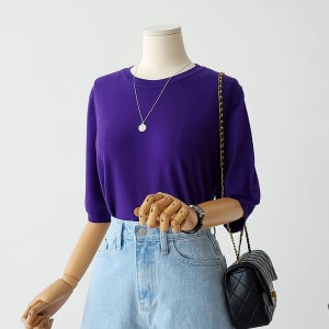 자체제작 라운드넥 반팔 니트 5부소매 기본 루즈핏 부드러운 소재(비스코스49%)