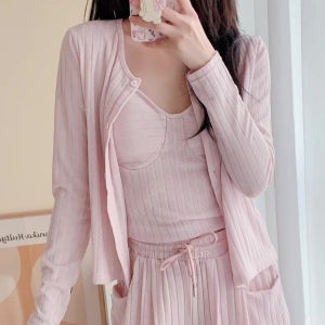 부드러운 골지 브라캡 내장 나시 가디건 3종 여성 가을 겨울 홈웨어 파자마 상하 세트