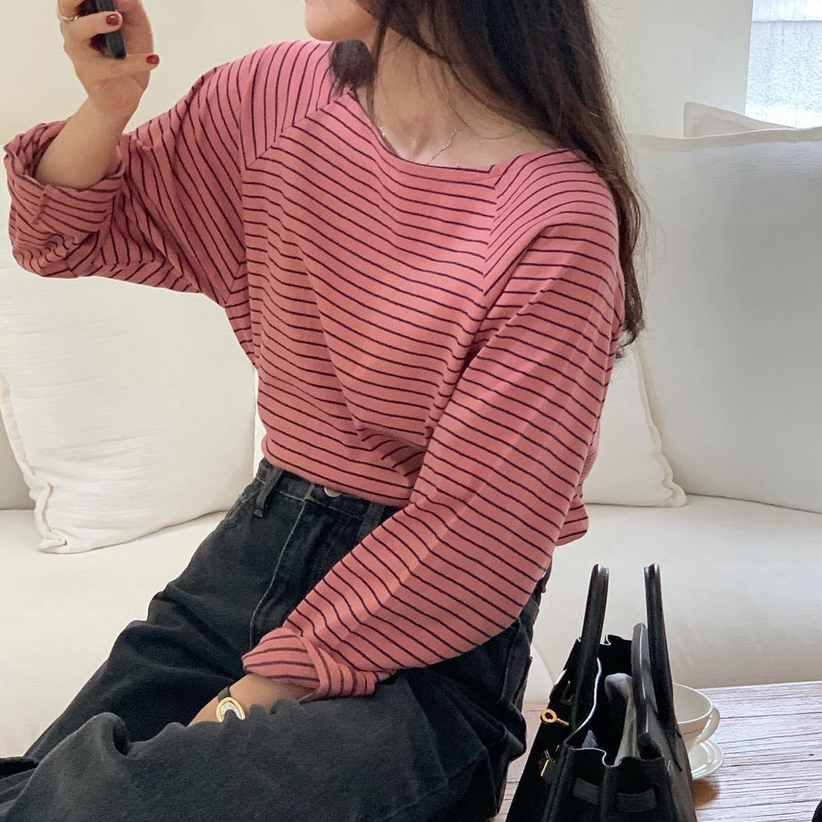 여성 루즈핏 보트넥 탄탄 스트라이프 나그랑 긴팔티 (아이보리 핑크 네이비)