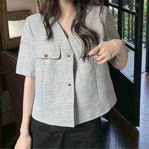 여름트위드자켓 노카라 크롭 정장 하객룩 볼레로 자켓