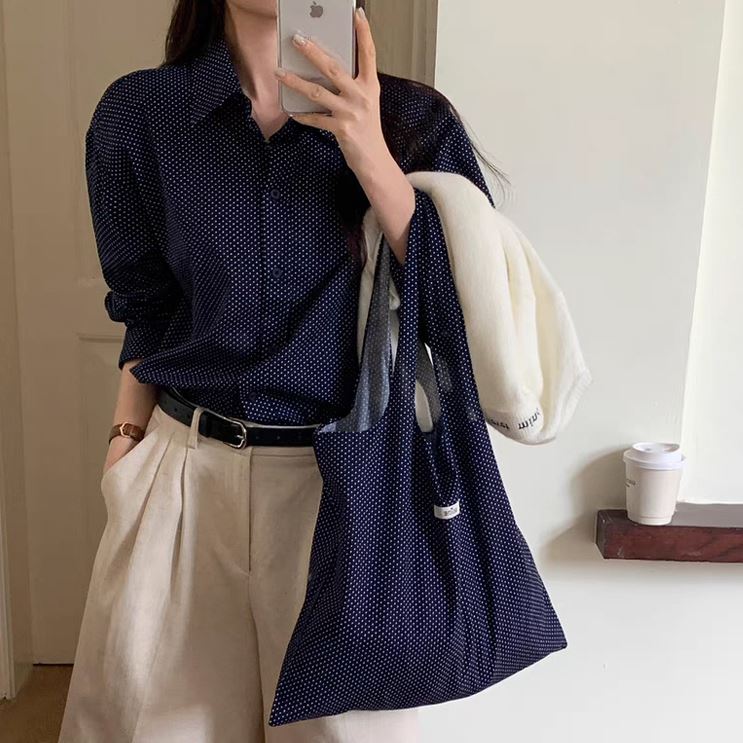 도트 셔츠 에코백 세트 오버핏 얇은긴팔 아이보리 네이비 땡땡이