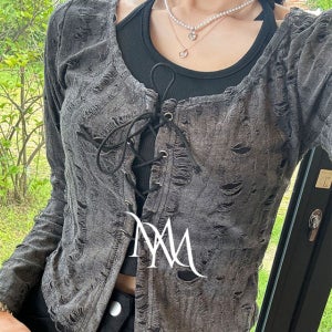 빈티지 레이어드 홀터넥 나시 아일렛 구제 긴팔 티셔츠 세트 힙한상의 긱시크 y2k 힙한상의