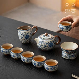 블루플라워 도자기 티팟 6인 다도세트 찻잔 6개 구성 325ml