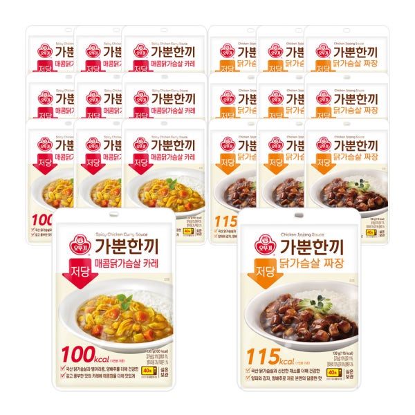 [슈퍼적립] 오뚜기 가뿐한끼 저당매콤닭가슴살 카레 130g 10개+저당닭가슴살짜장 130g 10개 외 3종