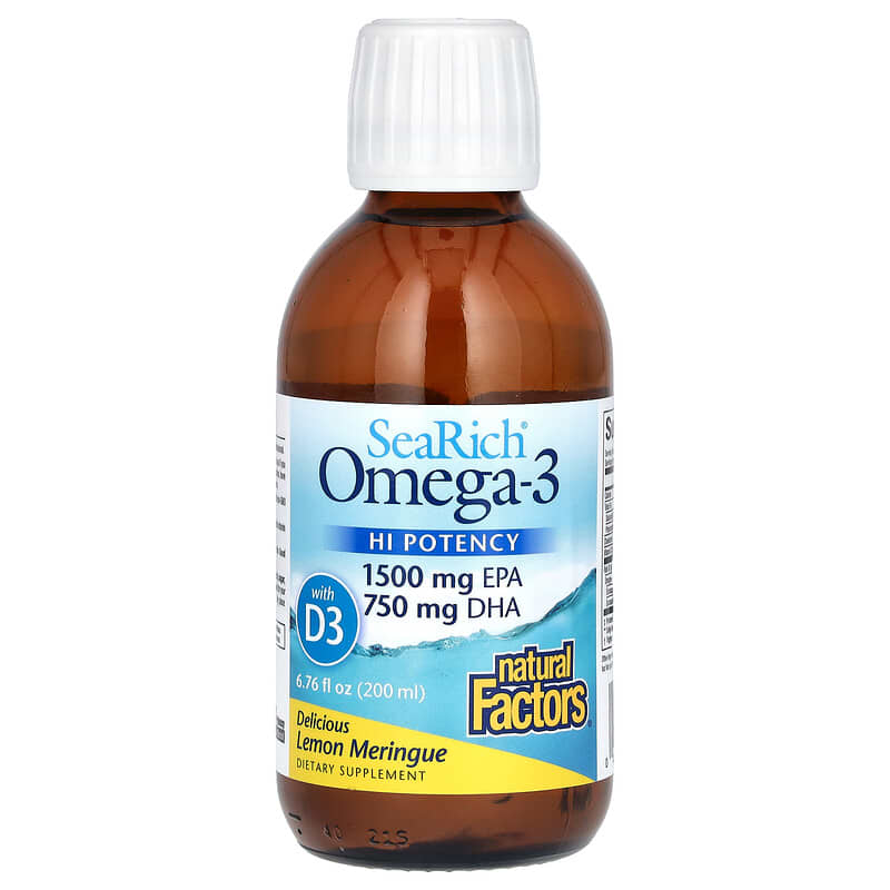 내츄럴 팩터스, 비타민 D3, SeaRich 오메가-3, 레몬 머랭 <b>SeaRich Omega-3 with Vitamin D3</b>, HI Potency, 6.76 fl oz