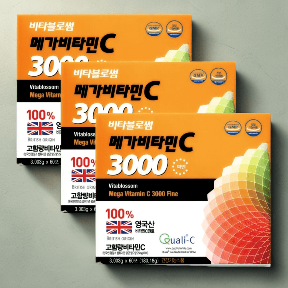 비타블로썸 메가<b>비타민C</b> 3000 60포 x 3박스 (6개월분) 고함량 영국산 스틱포장 이지컷
