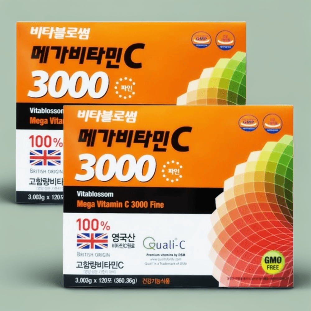 비타블로썸 메가<b>비타민C</b> 3000 120포 x 2박스 (8개월분) 고함량 영국산 스틱포장 이지컷