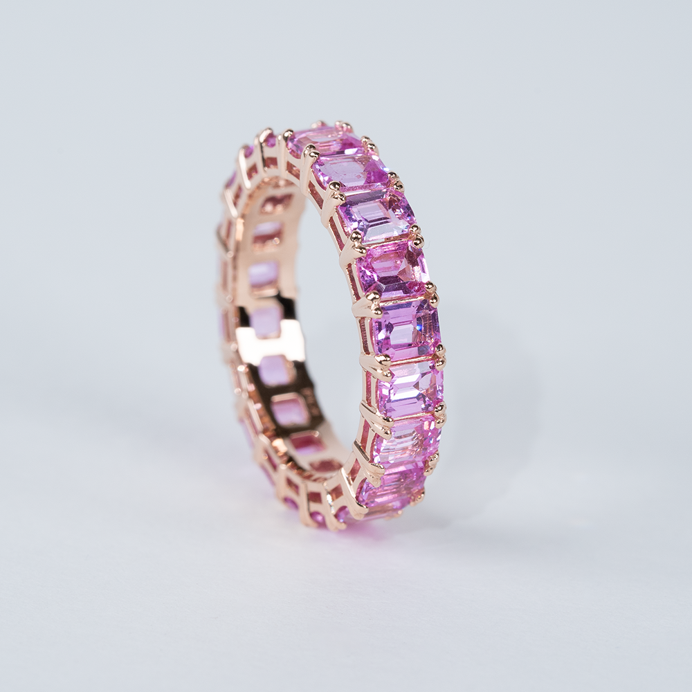 4.6ct 천연 핑크사파이어 에메랄드컷 이터니티 반지 14K 핑크골드