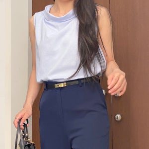 린넨 드레이프 민소매 블라우스 카라 a라인 핀턱 나시 셔츠 반목 슬리브리스 여름 하객룩