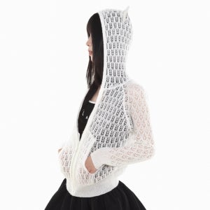 CLOTHESVOICE 메쉬 꽈배기 케이블 니트 후드 집업 자켓 펑키 화이트 악마귀