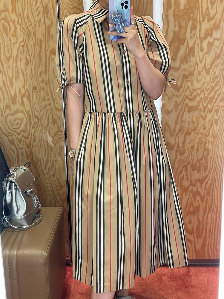 [영국아울렛] 버버리 MADDINGTON 아이콘 스트라이프 코튼 반팔 원피스 ARCHIVE BEIGE 80843171