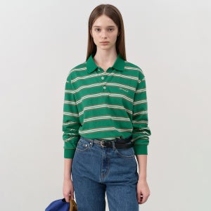 UNISEX MULTI STRIPE COLLARED T-SHIRT GREEN STRIPE_UDTS4C119E2