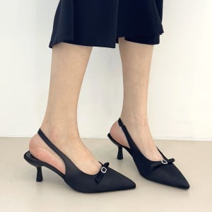 [당일발송]세틴 쁘띠 큐빅 리본포인트 크루셜 스틸레토 미들힐 여성 슬링백 힐 5.5cm(3color)