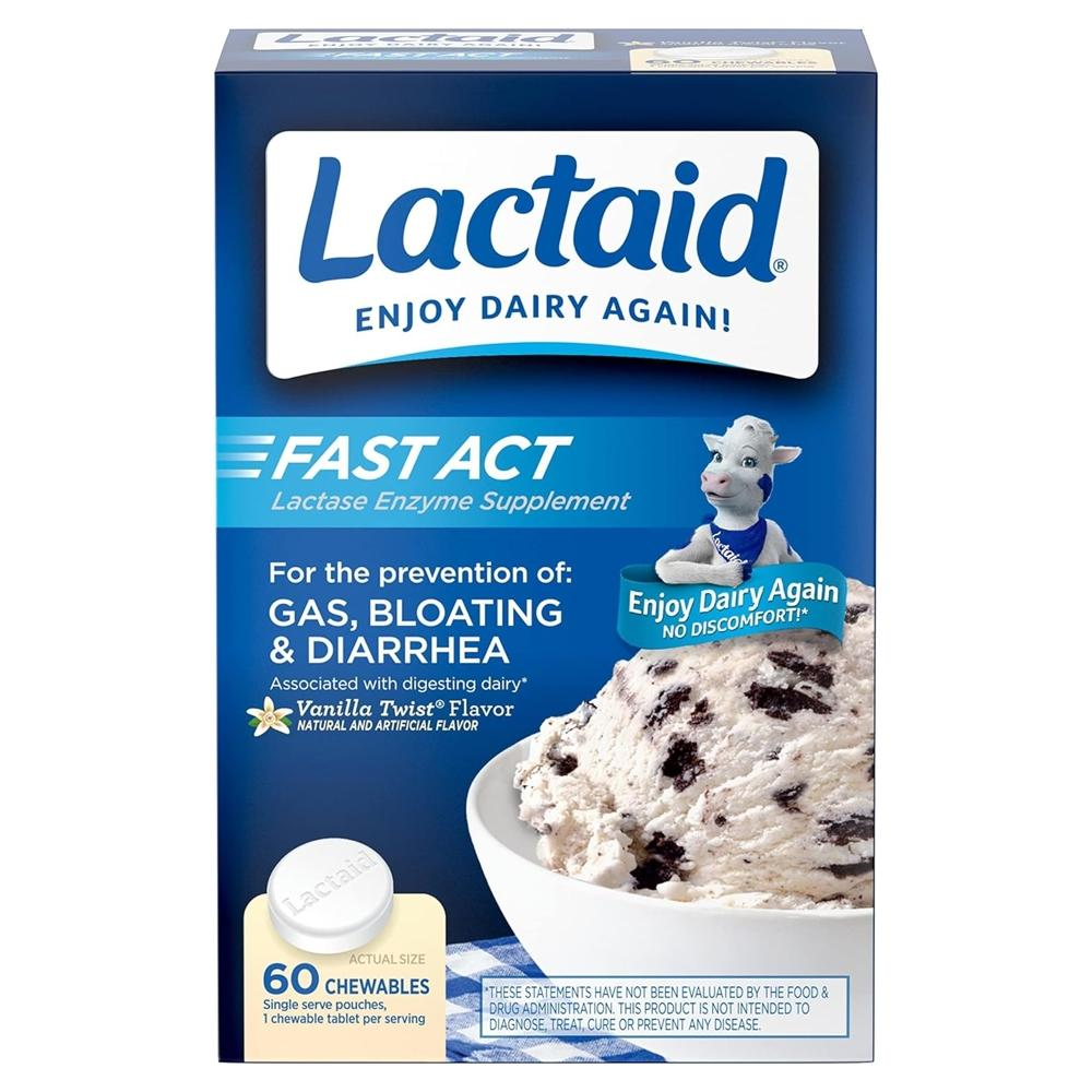 LACTAID <b>락타아제</b> 소화효소 9000FCC Fast Act 바닐라맛 60츄어블타블렛