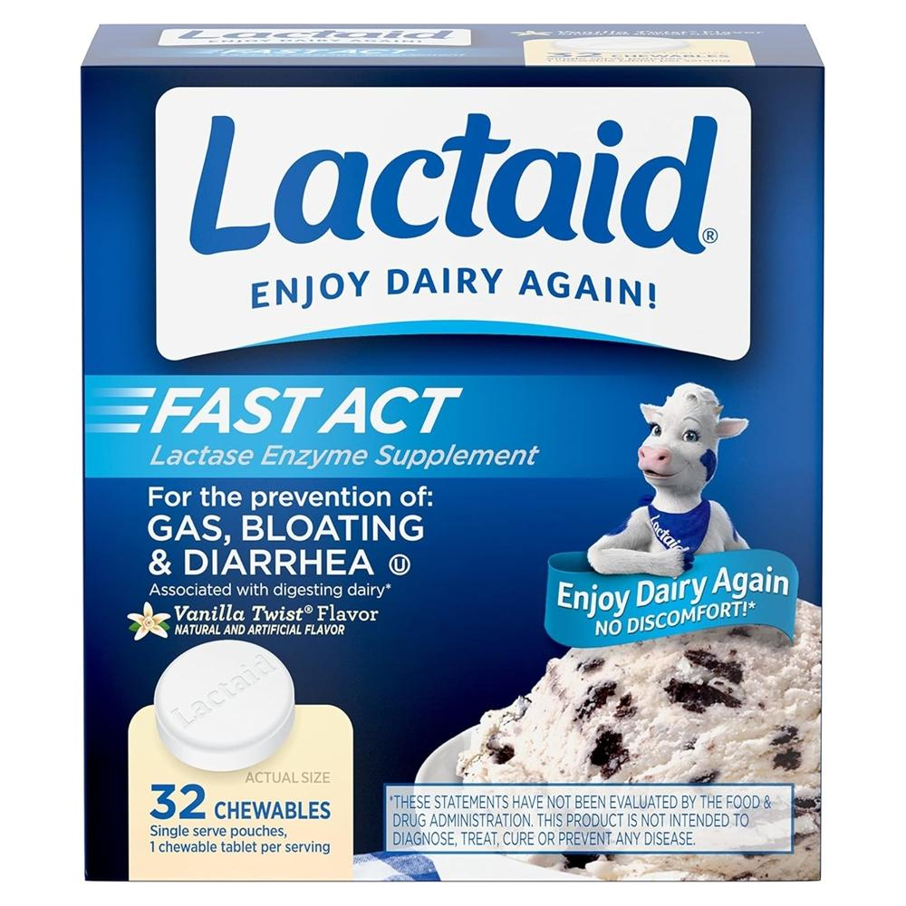 LACTAID 빠른작용 유제품소화효소 <b>락타아제</b>효소 바닐라맛 32츄어블정 락타이드