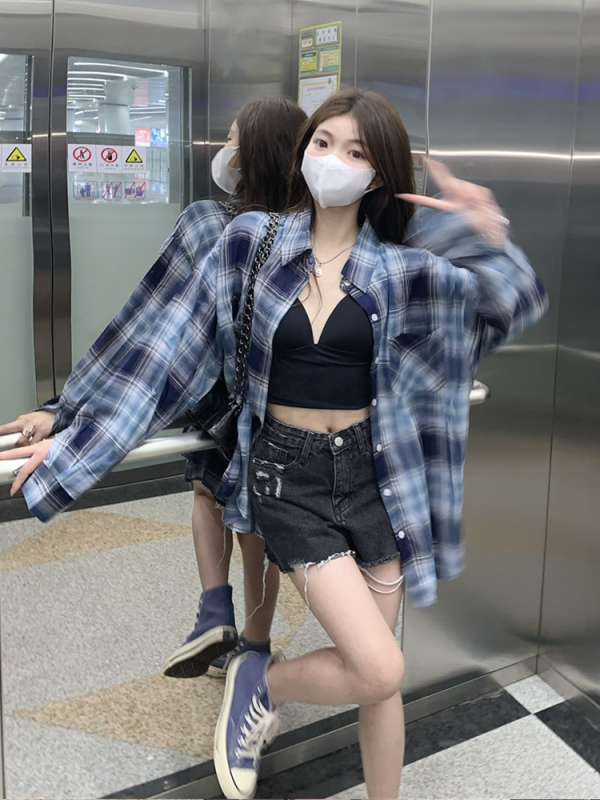 파란색 체크 셔츠 여성 복고풍 오버핏 간절기 남방