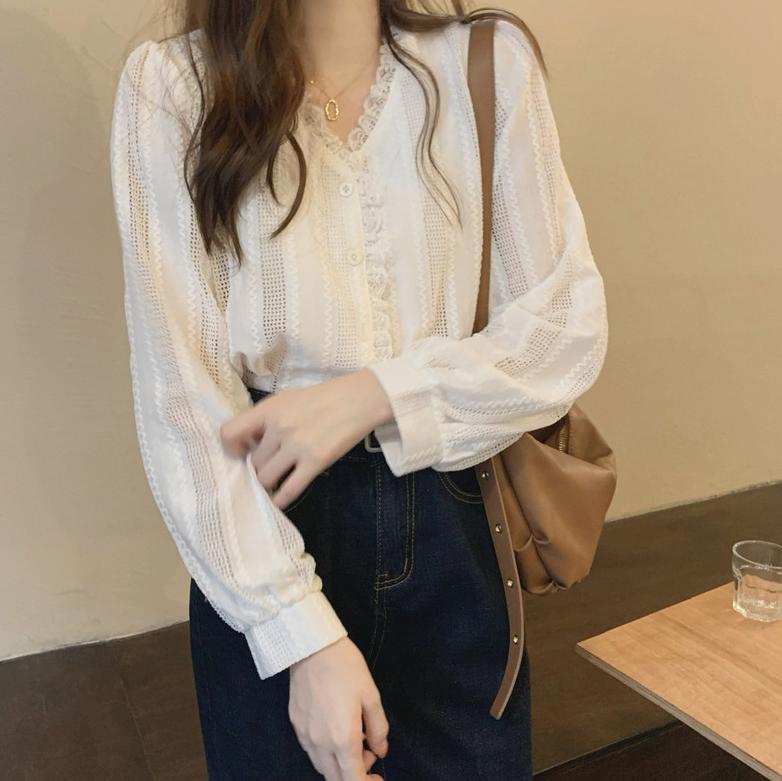 펀칭블라우스 시스루블라우스 크림색블라우스 레이스 직장인
