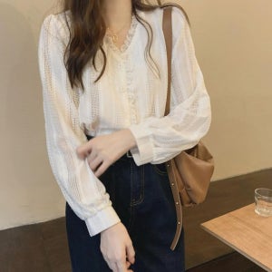 펀칭블라우스 시스루블라우스 크림색블라우스 레이스 직장인