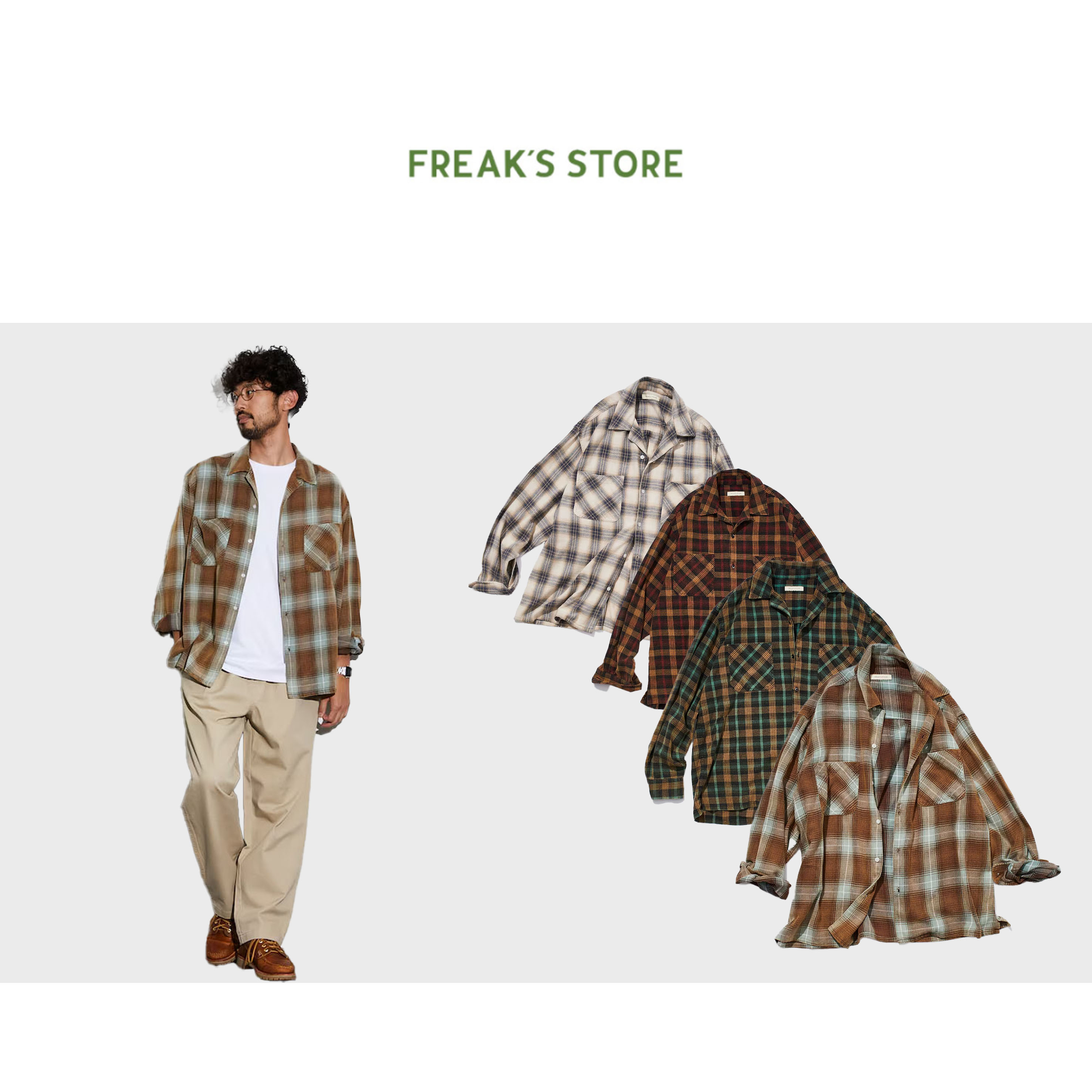프릭스스토어 FREAKS STORE Relaxed fit bleached open collar checked shirt with long sleeves