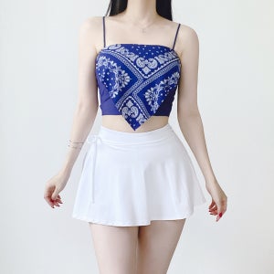 페이즐리 끈나시탑 3color 화이트 네이비 블랙 크롭 언발 나시 캡내장 끈나시 댄스 공연 휴양지 해외여행