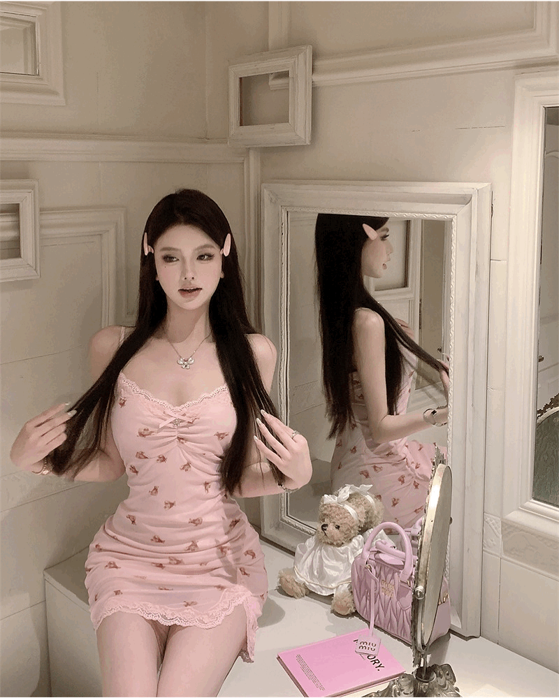 핑크베어 레이스 트임 슬립 미니 원피스