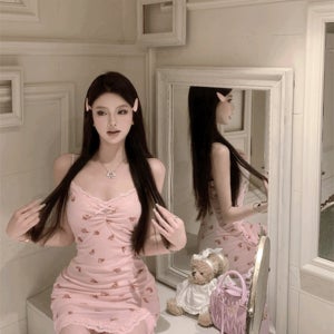 핑크베어 레이스 트임 슬립 미니 원피스
