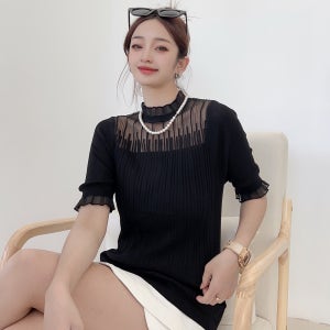 더시럽 여성용 하프 시스루 라인 반팔 니트탑