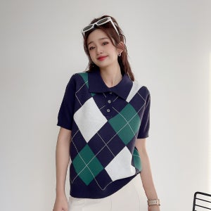 더시럽 여성용 클래식 아가일 패턴 반팔 니트탑