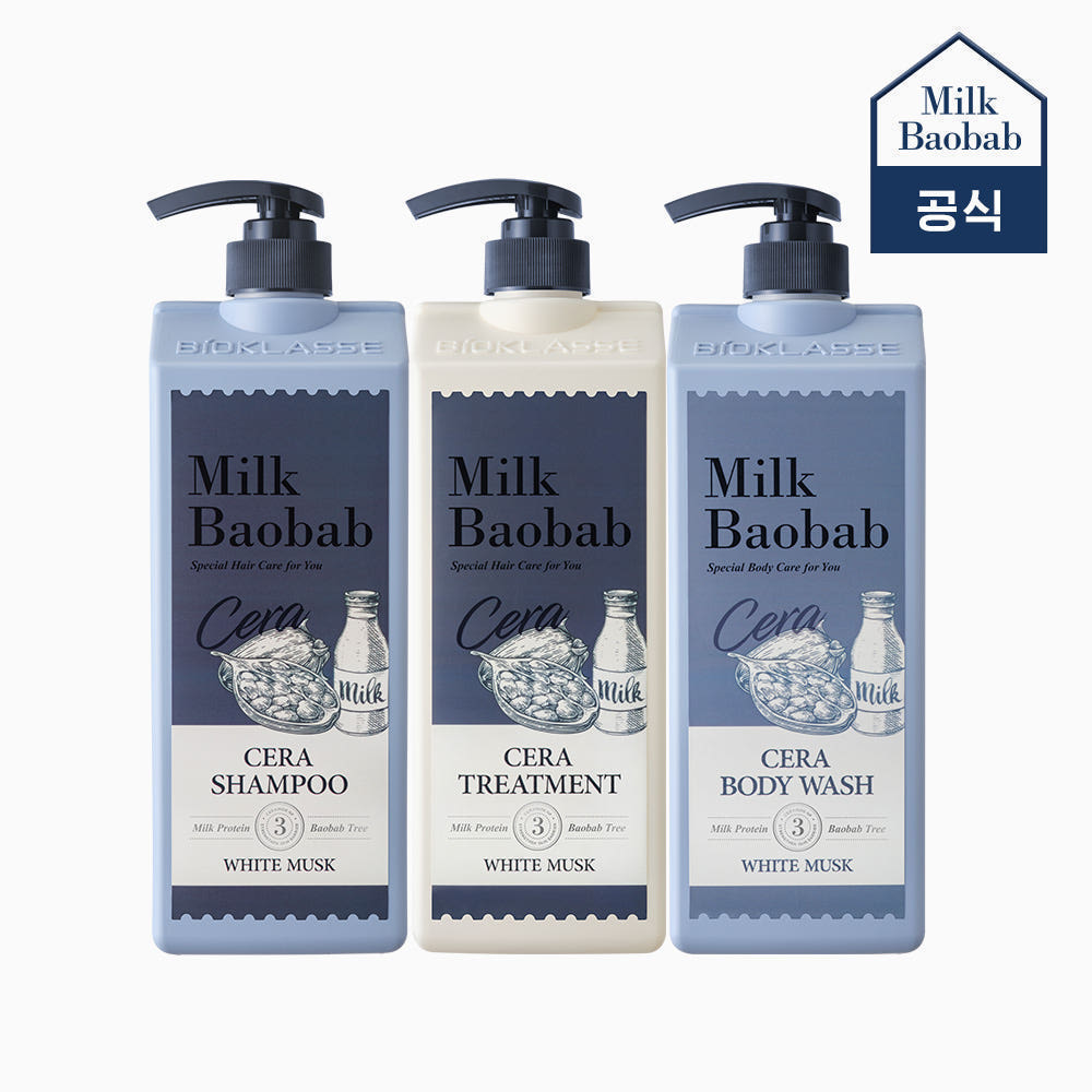 밀크바오밥 세라 샴푸+트리트먼트+바디워시 화이트머스크, 1.2L, 3개