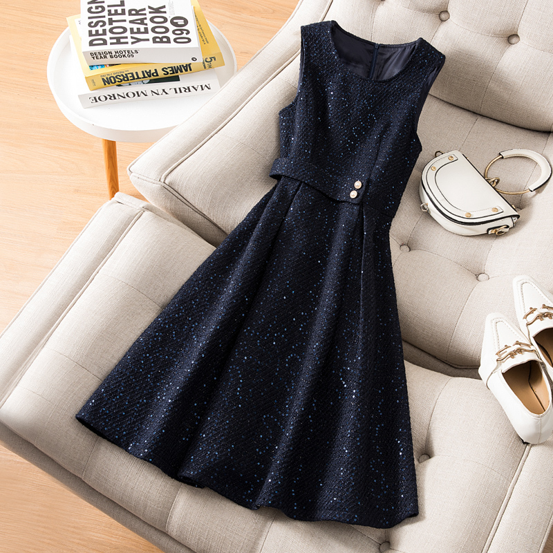 여성원피스 모직 원피스 여성 봄 향수 스타일 하이엔드 민소매 조끼 미디