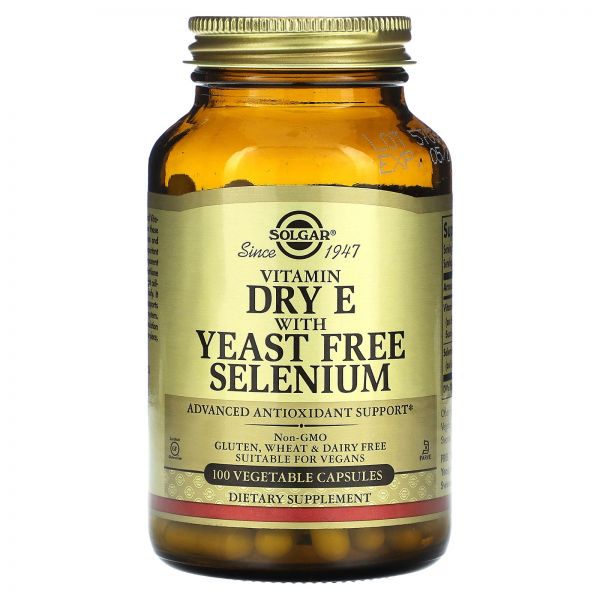 솔가 Solgar Vitamin Dry <b>E</b> <b>with</b> Yeast Free Selenium 100 Vegetable Capsules