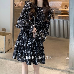 로에 러플 레이스 플라워 쉬폰 미니 원피스 주름 셔링 A라인 매듭 봄 가을 하객 그린뮤트