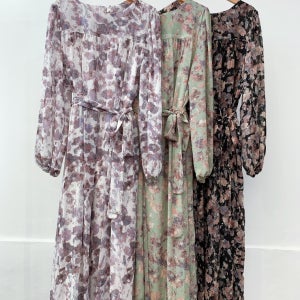 조이 가을 리본 벨트 플라워 쉬폰 여성 원피스