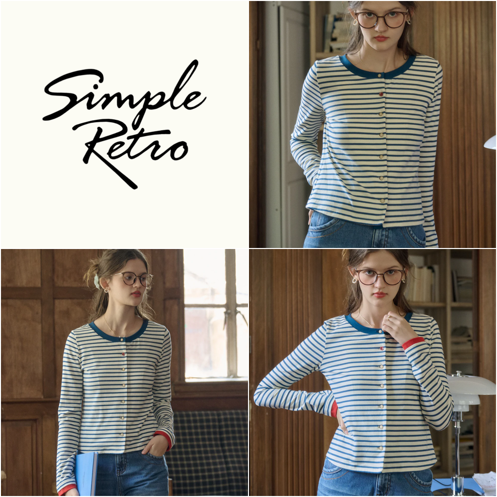 미국 SIMPLE RETRO 아마이아 캐주얼 버튼 스트라이프 여성 니트 가디건 블루