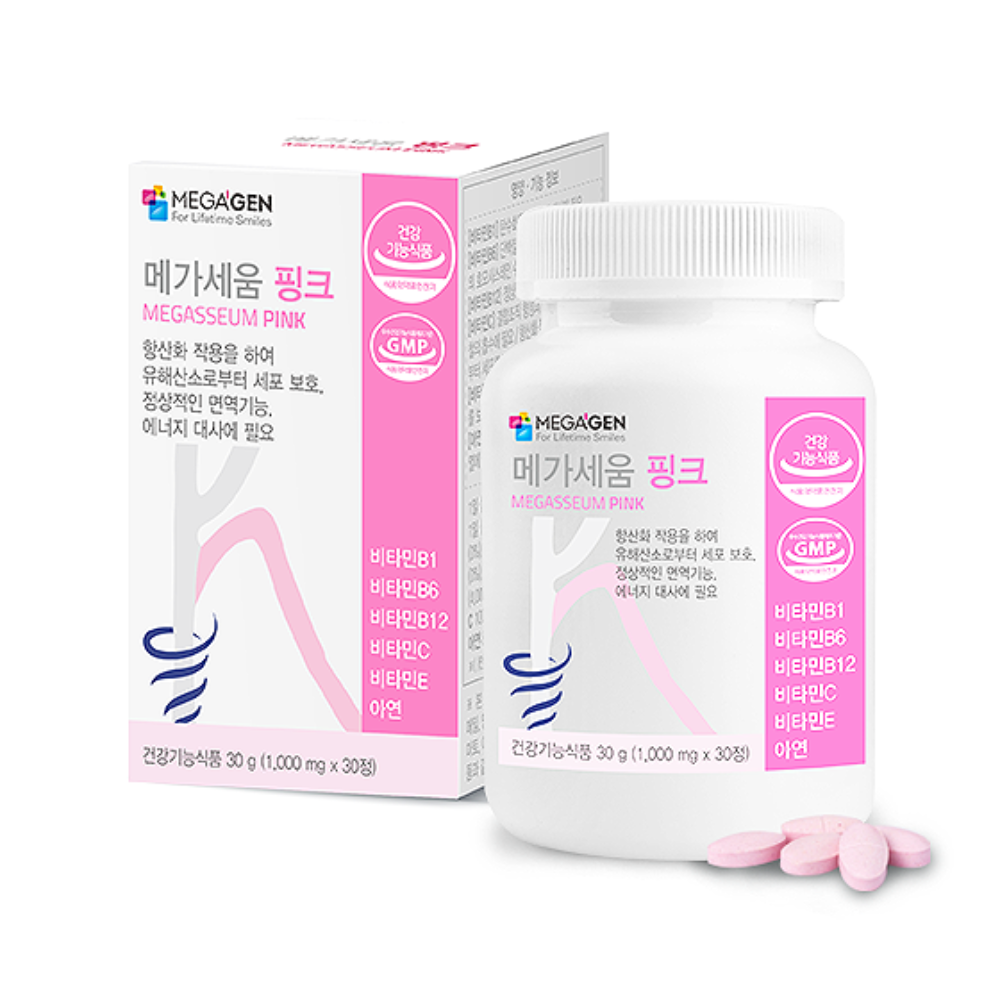 메가젠 메가세움 핑크 멀티 <b>비타민</b> B1 <b>B6</b> B12 C E 아연 1000mg 30정