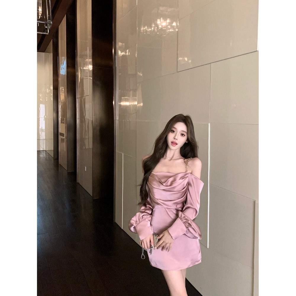 홀복 가을 섹시 핑크 새틴 미니 원피스