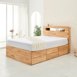 로쏘 포아 2단 수납형 LED 조명헤드 침대 참죽 원목 슈퍼싱글 S 1200