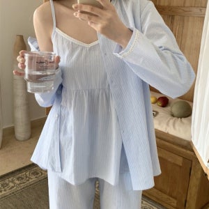 바랑 나시 가디건 3PCS 파자마 세트 긴바지 잠옷 스트라이프 홈웨어 파티